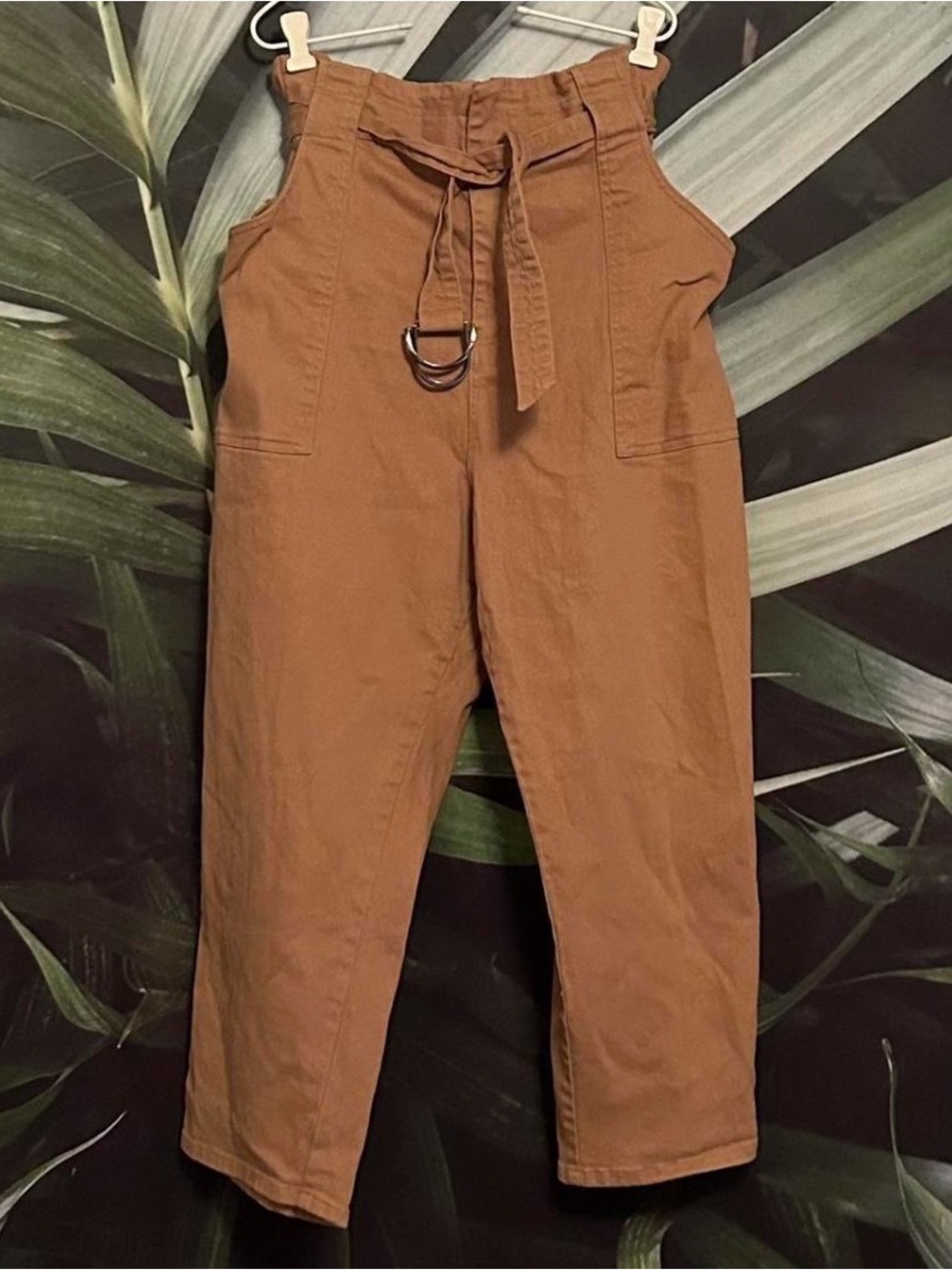 High-Waist Paperbag Pants with Tie Belt - Camel